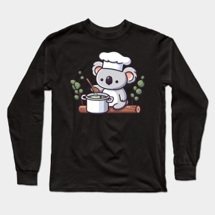 Cute koala chef with a pot of soup, koala bear cooking illustration, kawaii koala lovers, chef design Long Sleeve T-Shirt